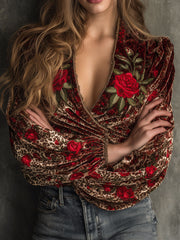 Chic V-Neck Rose Embroidery And Leopard Print Wrap Velvet Blouse