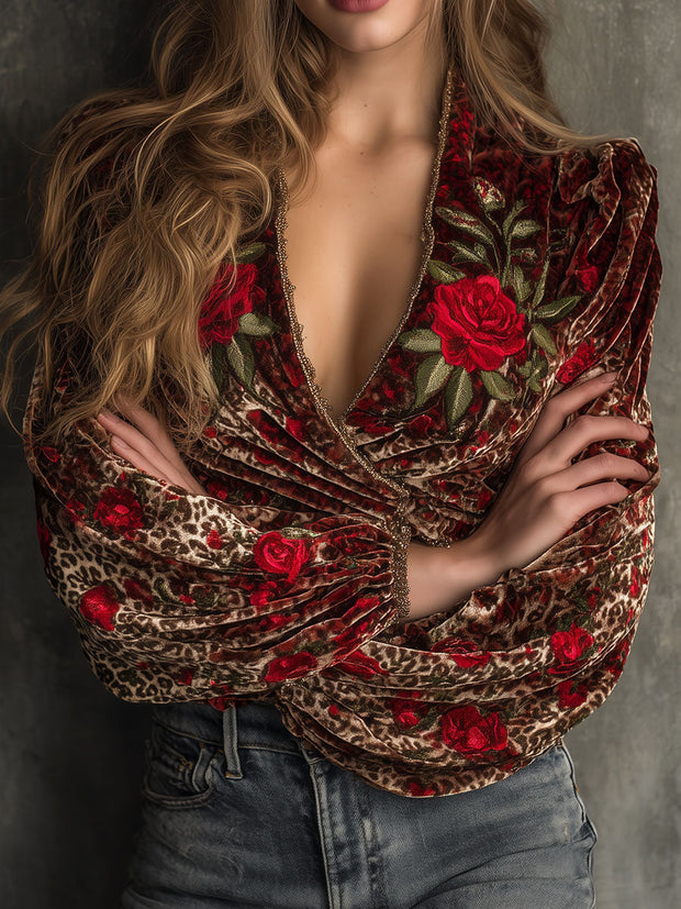 Chic V-Neck Rose Embroidery And Leopard Print Wrap Velvet Blouse