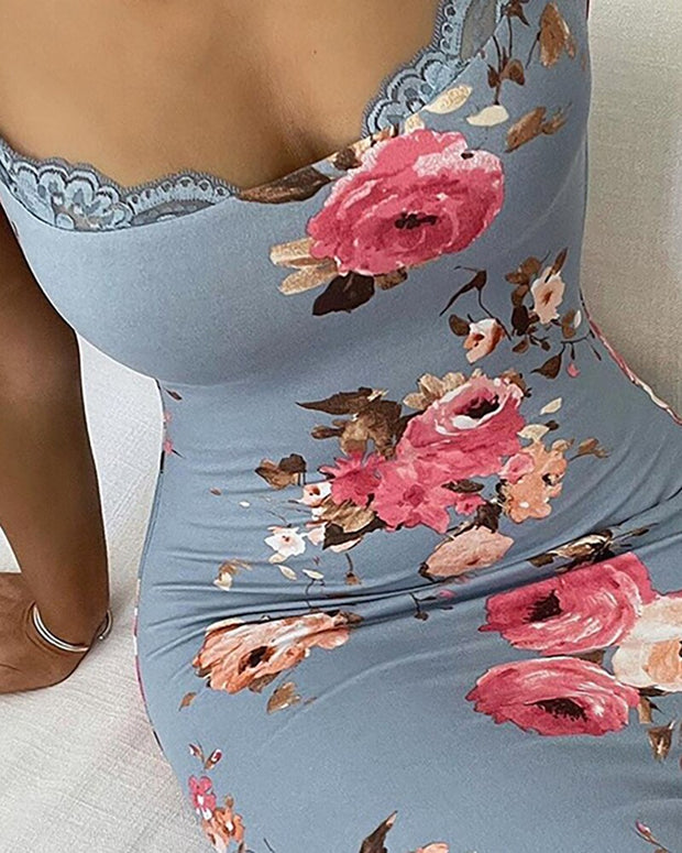 Sexy Women Summer Lace Trim Spaghetti Strap Floral Print Dress Casual Sleeveless Chic Party Maxi Dresses