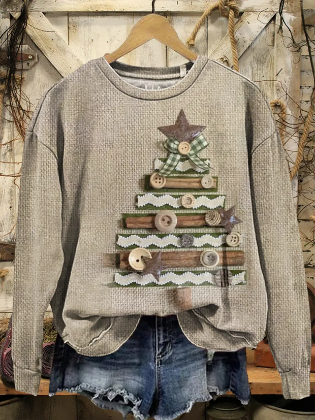 Women's Retro Christmas Tree Art Pattern Casual Crew Neck Long Sleeve Sweatshirt