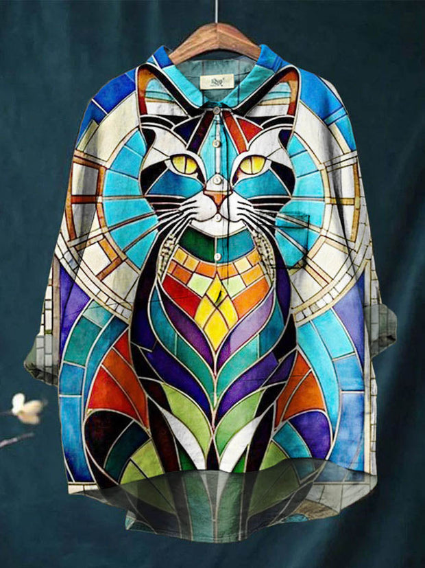 Women's Cat Colorblock Print Casual Cotton And Linen Shirt