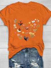 Wild Flowers And Chickens Printed Crew Neck Women's T-shirt