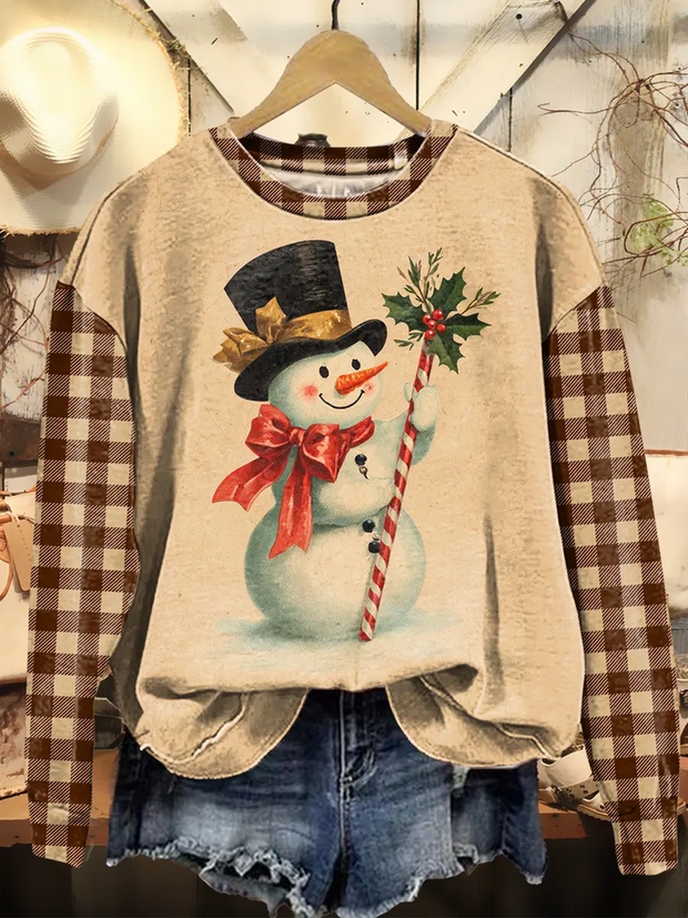 Retro Christmas Snowman Checkered Pattern Vintage Art Print Sweatshirt