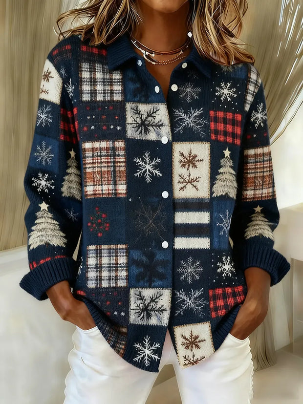 Women's Christmas Collage Art Patterned Printed Knit Cardigan