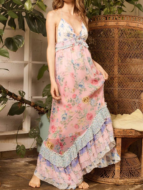 Halter neck rose tiered maxi dress