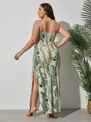 Plus Green Tropical Print Cut Out Tie Front Maxi Dress