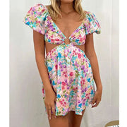 Cutout Colorful Flower Print Mini Dress