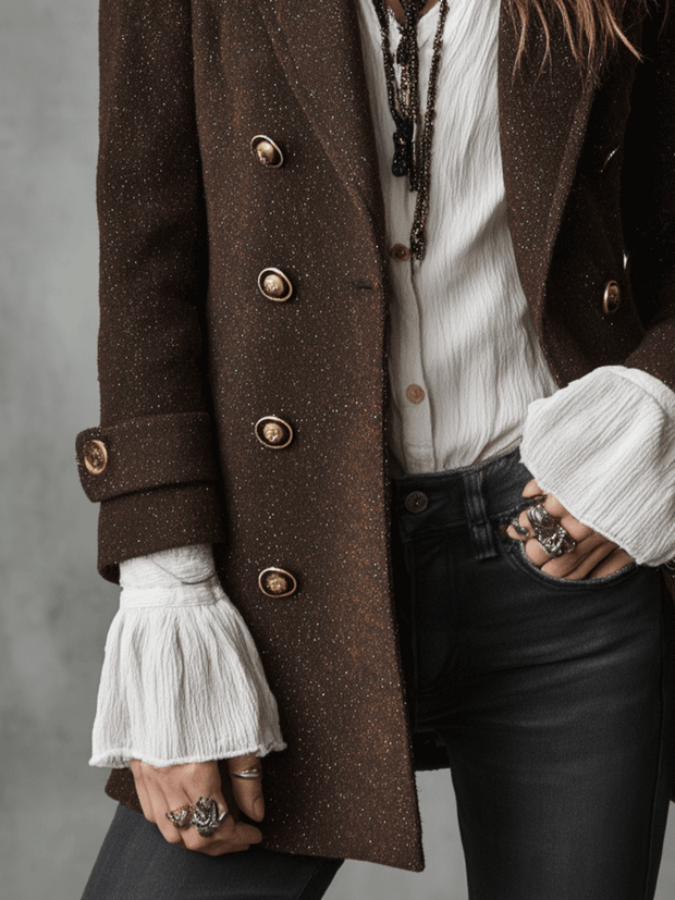 Vintage Brown Wool Double-Breasted Military Blazer Coat
