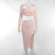 Pearl Sexy Dress Sets Women Square Collar Full Sleeve And Split Skirt Matching Sets Female Club Party Two Piece Set