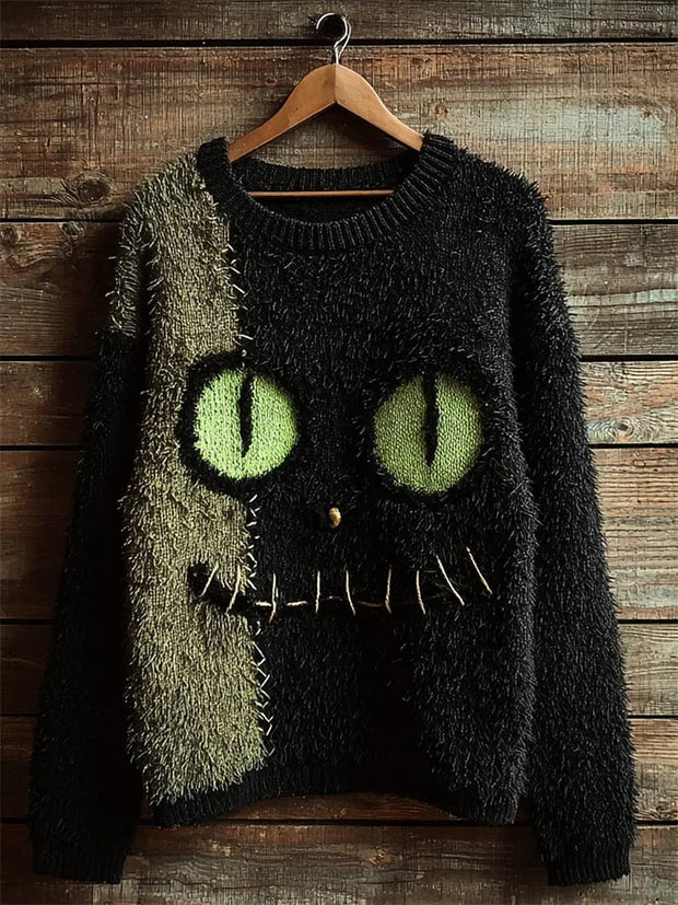Women's Halloween Black Cat Print Sweater
