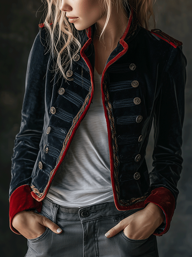 Retro Chic Velvet Military Style Double-Breasted Jacket