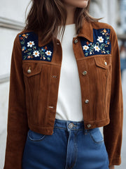 Rust Suede Cropped Jacket With Navy Floral Embroidered Yoke