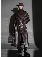 Women’s Sheepskin Leather Trench Coat – Niche Fashion Loose-Fit Mid-Length Stylish Leather Outerwear