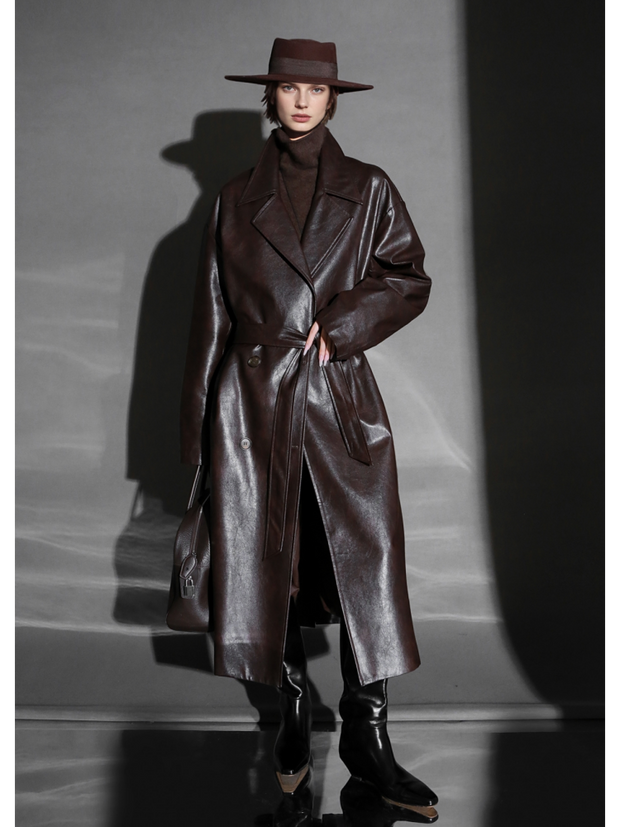 Women’s Sheepskin Leather Trench Coat – Niche Fashion Loose-Fit Mid-Length Stylish Leather Outerwear