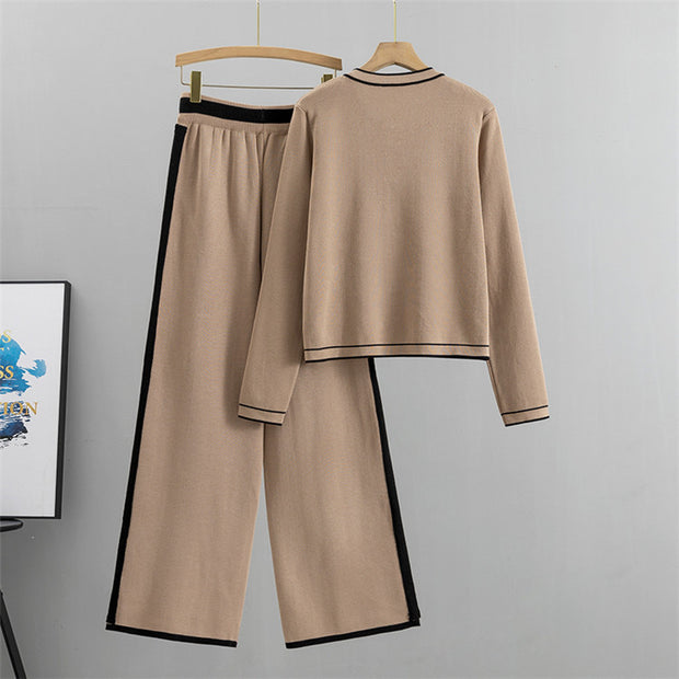 Temperament knitted cardigan wide-leg pants two-piece set