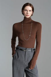 Merino Wool Minimalist Mock Neck Ribbed Knit Top – Cross-Strap Seamless Solid Color Sweater