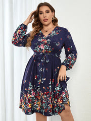 Plus Blue Floral Wrap Lantern Sleeve Midi Dress