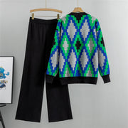 Knitted cardigan jacket wide leg pants two piece set