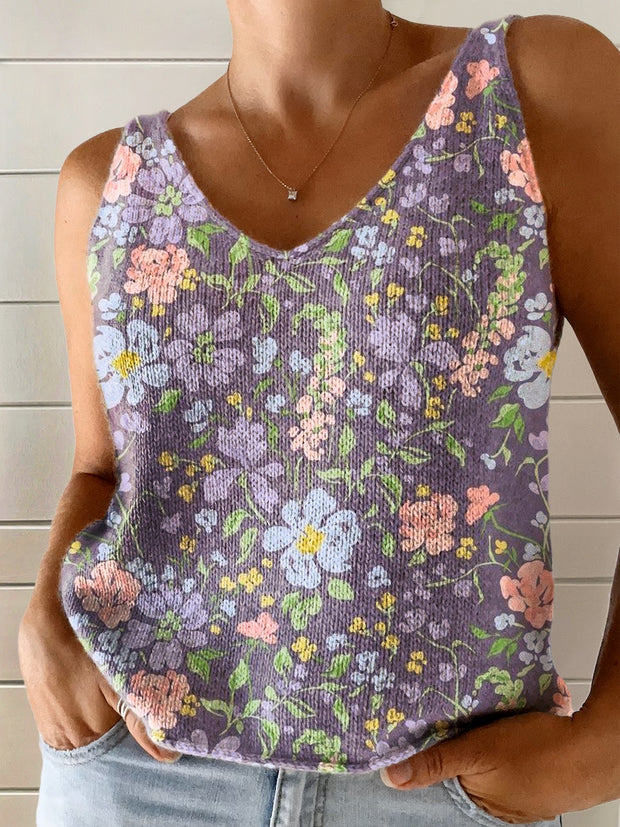 Women's Floral Art Print Casual V-Neck Knit Cami Tank Top