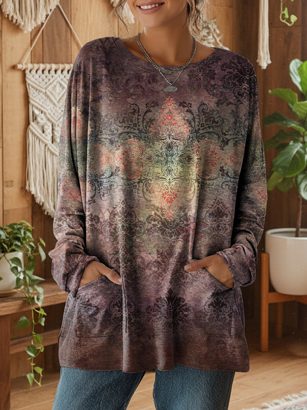 Women's Totem Ethnic Retro Floral Art Print Casual Long-sleeve T-shirt