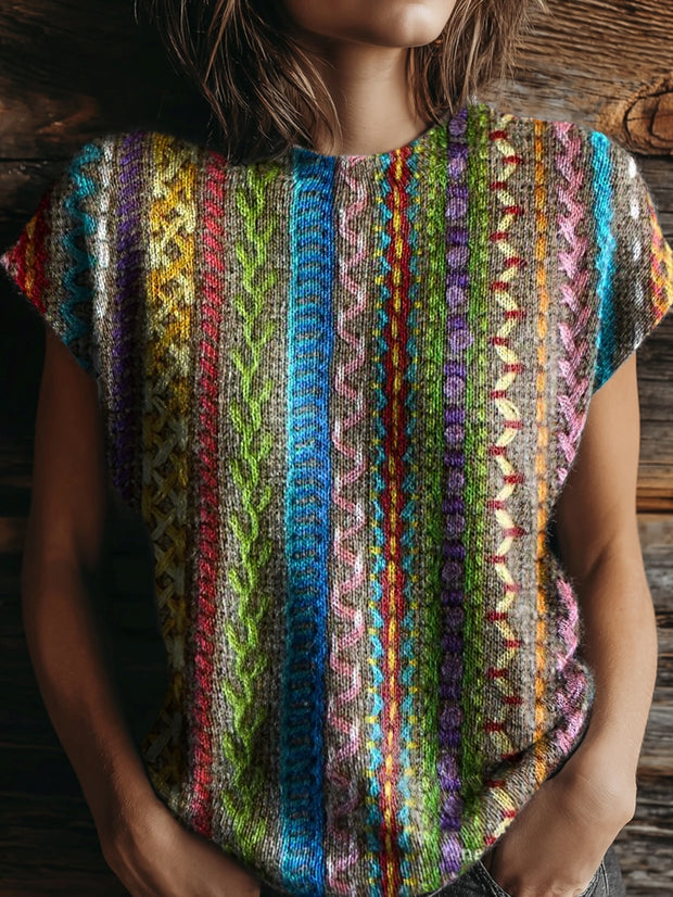 Women's Colorful Vertical Stripe Pattern Artistic Print Round Neck Casual Short-sleeved Knitted Sweater
