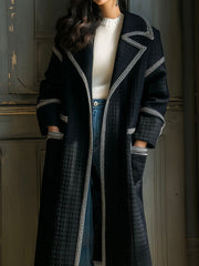 Elegant Textured  Quilted Contrast Trim Long Coat With Pockets