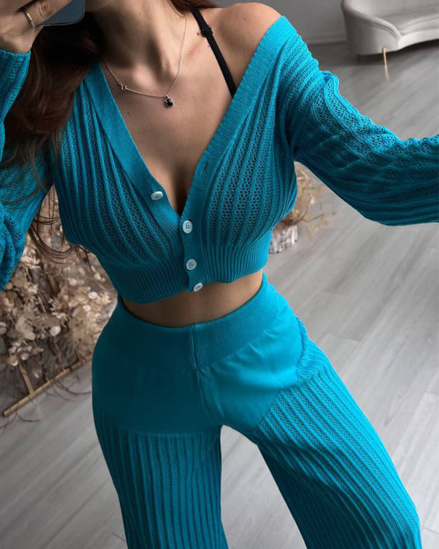 Fashionable knitted see-through hollow two-piece set