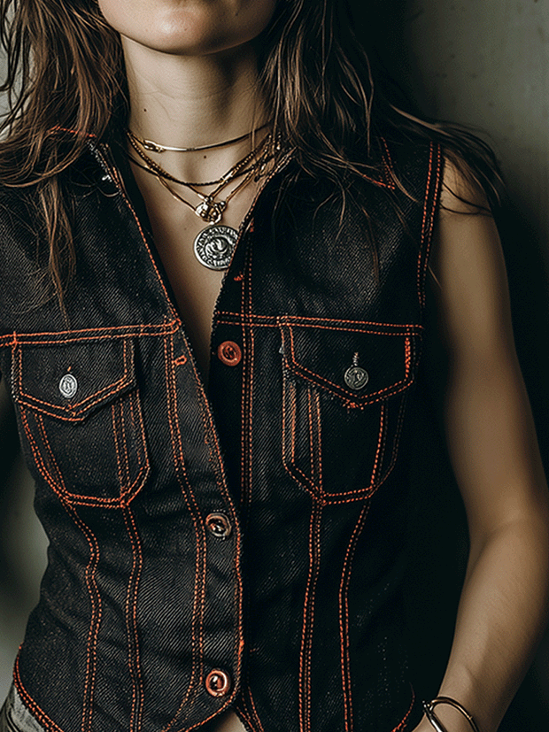 Vintage Slim Fit Washed Contrast Stitching Black Denim Vest