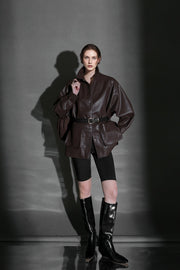 Chic Oversized Leather Jacket for Women – Premium Lambskin Commuter Coat with Large Pockets, Autumn Fashion