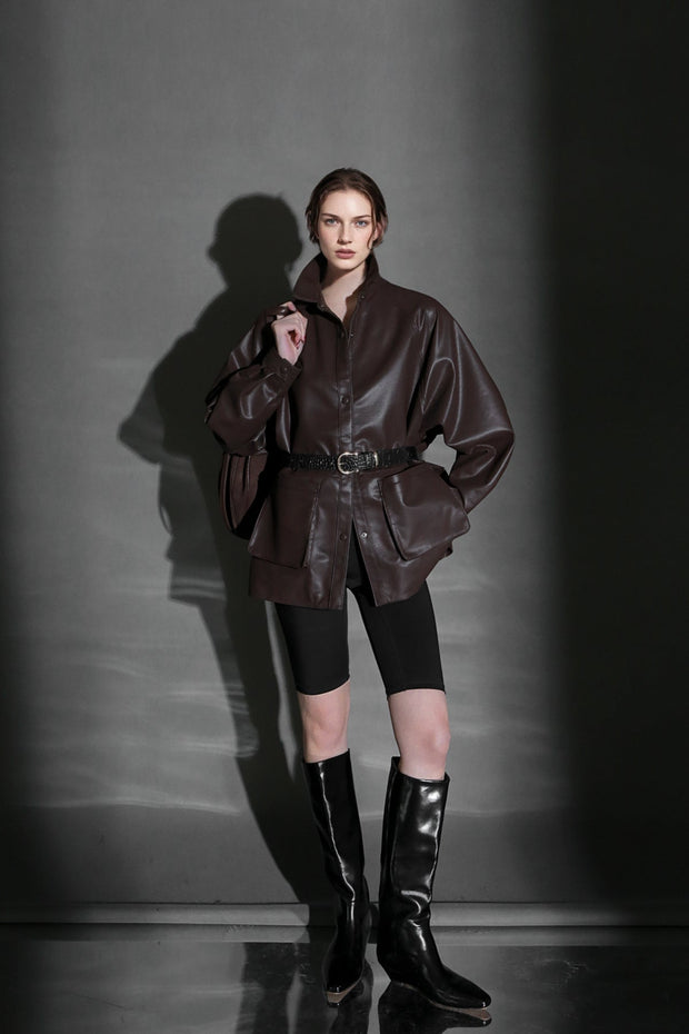 Chic Oversized Leather Jacket for Women – Premium Lambskin Commuter Coat with Large Pockets, Autumn Fashion