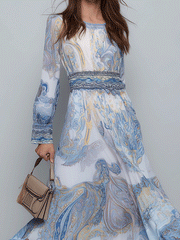 Bohemian Elegant Soft Blue Paisley Maxi Dress