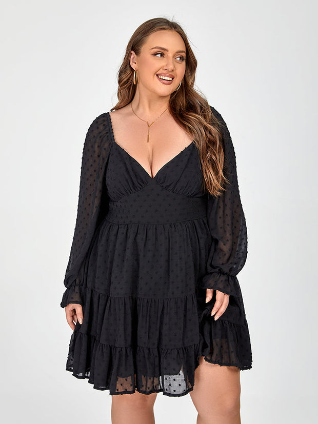 Plus Black Polka Dot Mesh Patchwork Flounce Sleeve Dress