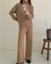 Zipper lapel knitted cardigan + wide-leg pants