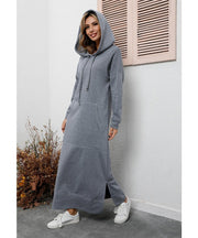 Autumn Winter New Loose Velvet Casual Fashion Big Pocket Knitted Hooded Maxi Dress