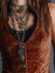 Caramel Velvet Leopard Lace Button Vest
