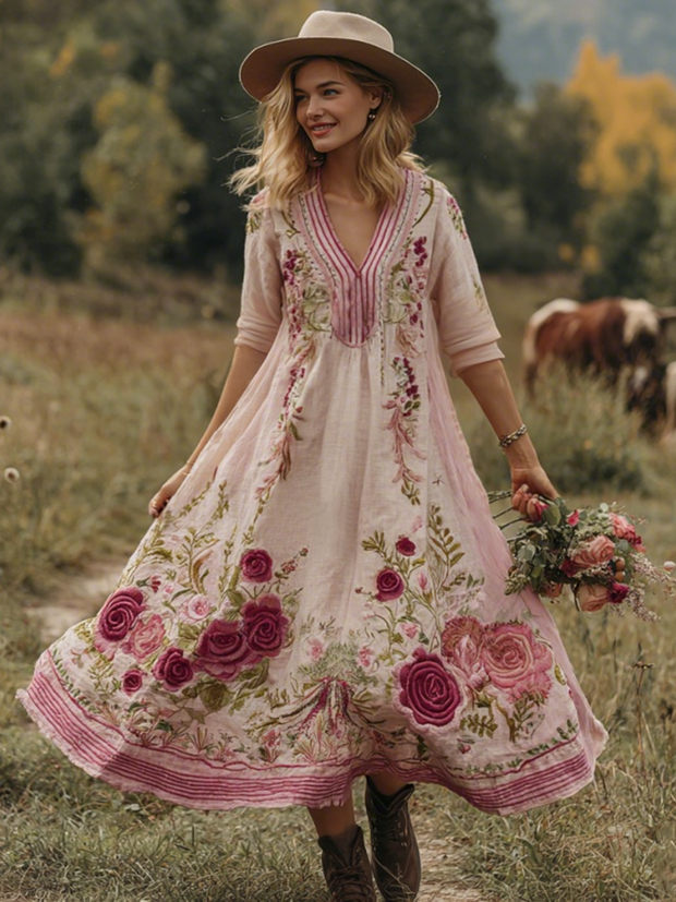 Classy Gradient Pink Roses And Striped Embroidered Linen Maxi Dress