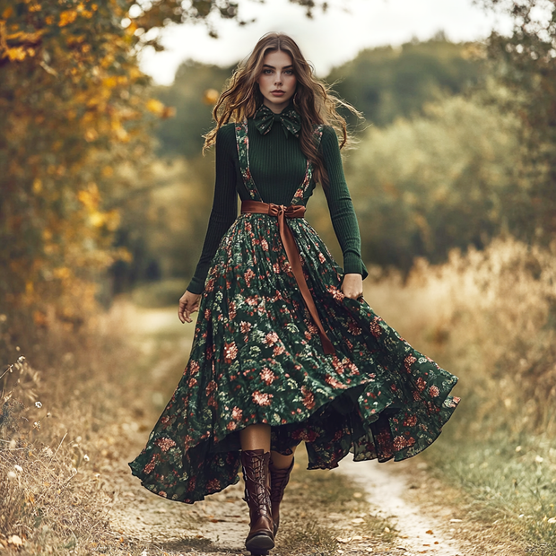 Women's Two-piece Bohemian Pastoral Suspender Floral Dress Autumn And Winter Retro Long Dress Two-piece Set