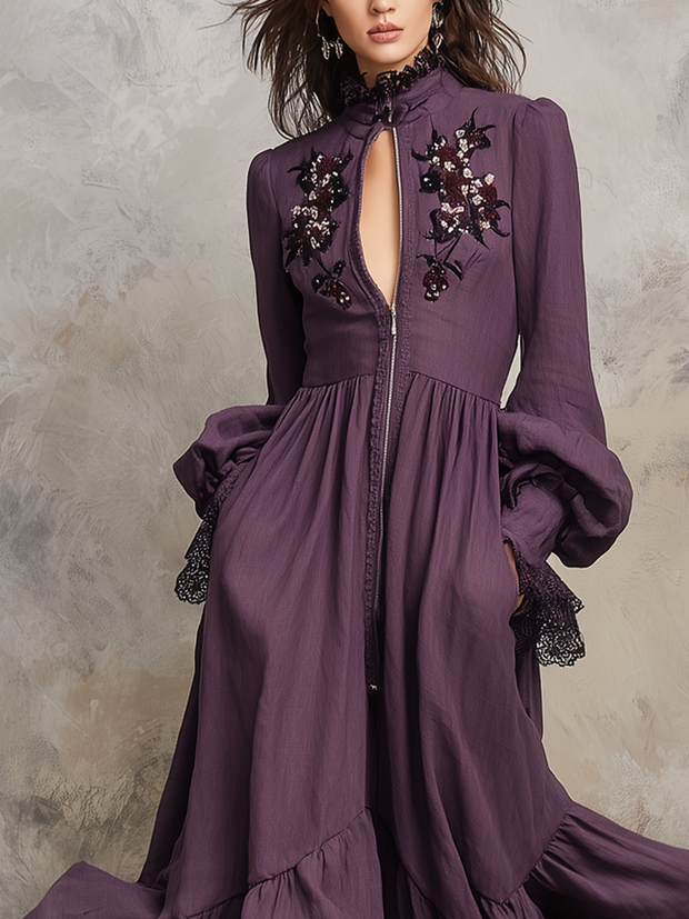 Retro Floral Embroidery Zipper Neck Midi Dress