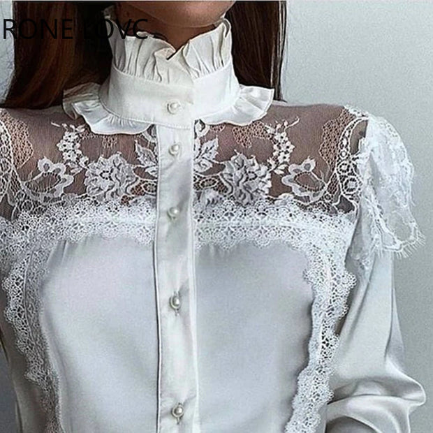 Women Solid Lace Decoration Fungus Hem Mesh Button Long Lantern Sleeves Stand Collar Sweet White BlousesTops