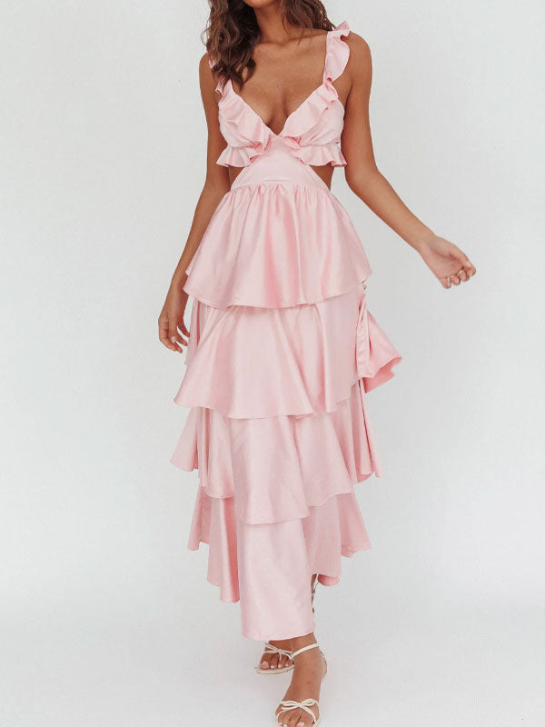 V neck frill sleeves tiered dress