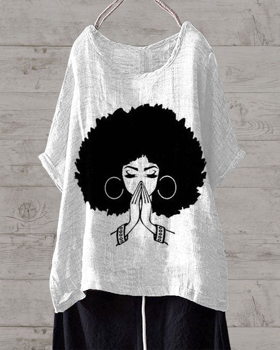 Pray Afro Girl Print Irregular Linen Blend Tunic