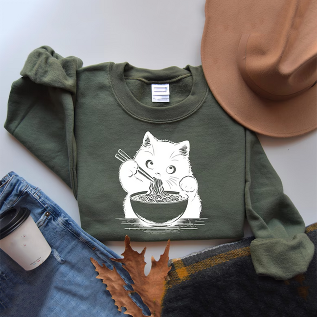 Vintage Noodle Cat Pattern Print Ladies Sweatshirt