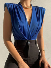 Sexy Bodysuit Women Fashion Ruched V Neck Sleeveless Bodycon Rompers Womens Jumpsuit Elegant Black Overalls Shorts Summer 2022