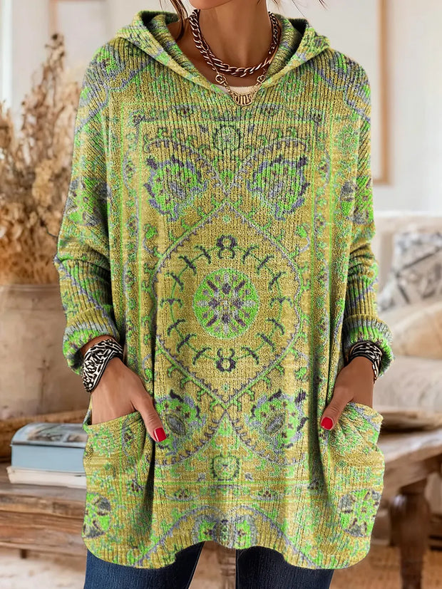 Women's Ethnic Totem Art Print Casual Knitted Pocket Hooded Tunic Top