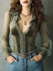 Olive Green Velvet Lace-Trimmed Sheer Sleeves Blouse
