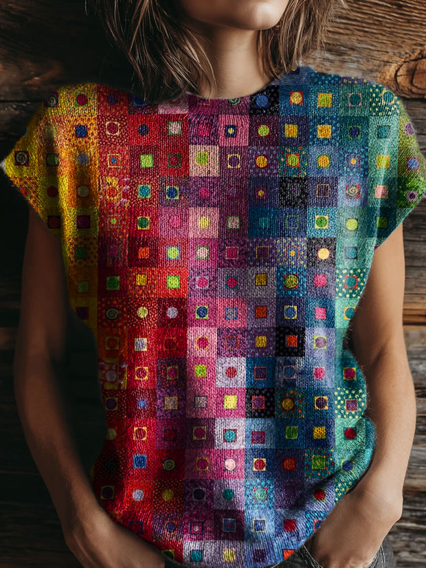 Women's Rainbow Color Geometric Checkered Art Print Casual Crew Neck Short Sleeve Knitted Sweater