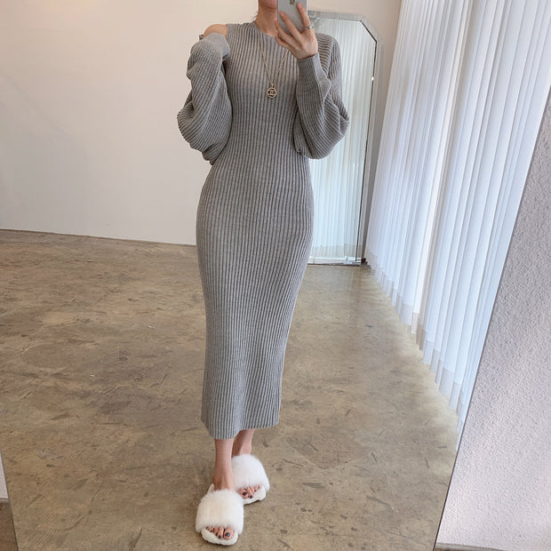 Temperament Round Neck Knitted Dress Two-Piece Set