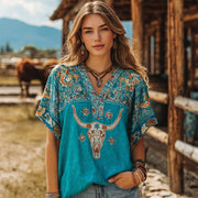 Western Bull Skull & Flowers Embroidered Turquoise Linen Shirt