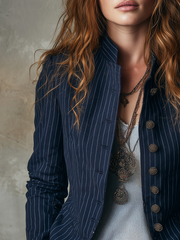 Retro Stand Collar Striped Long Sleeve Jacket