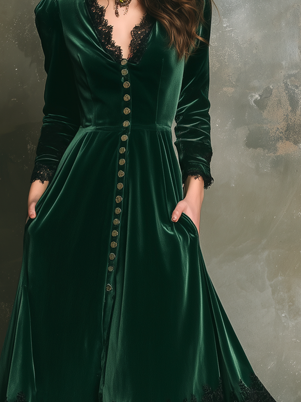 Vintage Lace Trim Long Sleeve Velvet Midi Dress